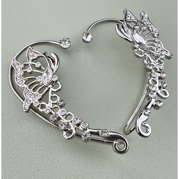 Silver Tone Butterfly Ear Cuffs Climber Hooks Rhinestone Fairycore Whimsical - Picture 1 of 5